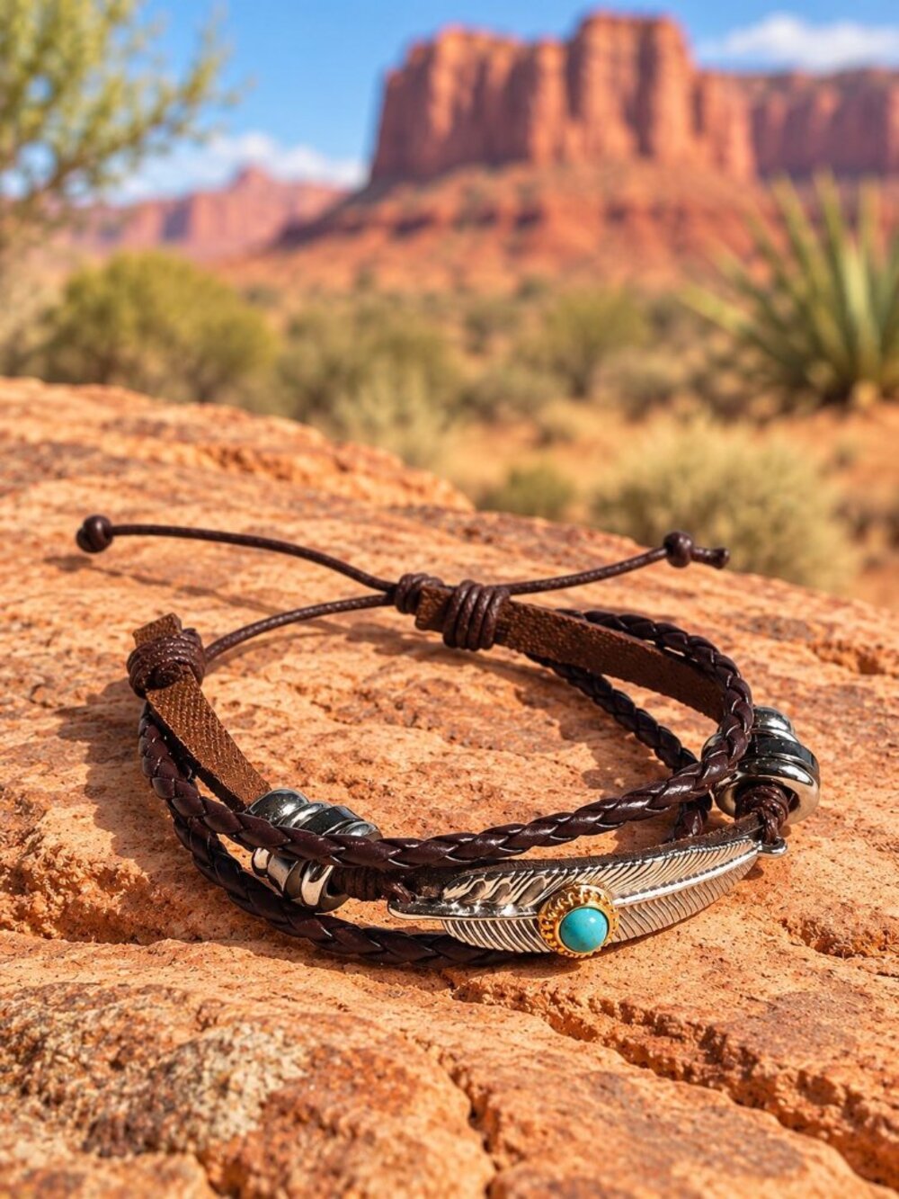 Braided Leather Feather Bracelet Brown Adjustable Blue Charm Boho Beads Layered